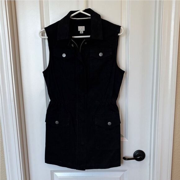 A New Day Womens Size S Black Vest Jacket Cinched Waist Sleeveless Camp Tunic - Picture 1 of 3